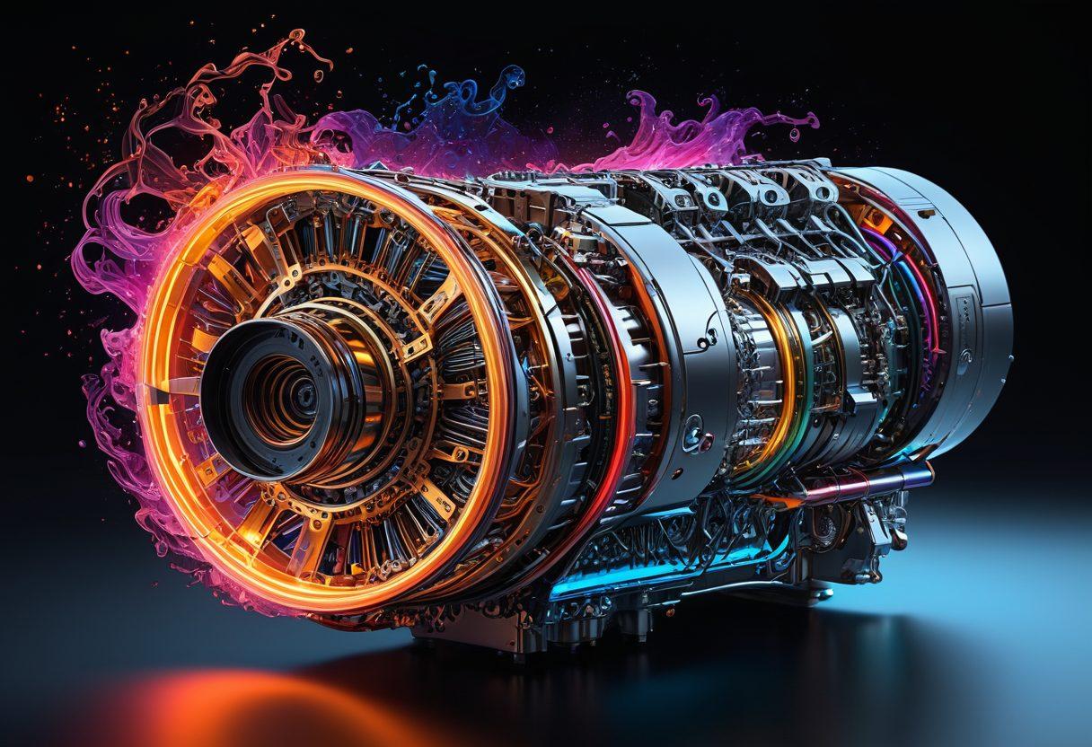 A dynamic scene showcasing a sleek, futuristic V12 engine intertwined with a digital storytelling landscape, where vibrant books morph into flowing data streams. The engine emits colorful light trails that illustrate the fusion of technology and creativity, surrounded by abstract representations of stories and ideas. The background features a blend of gears and digital circuits subtly infused with a sense of motion. super-realistic. vibrant colors. 3D.