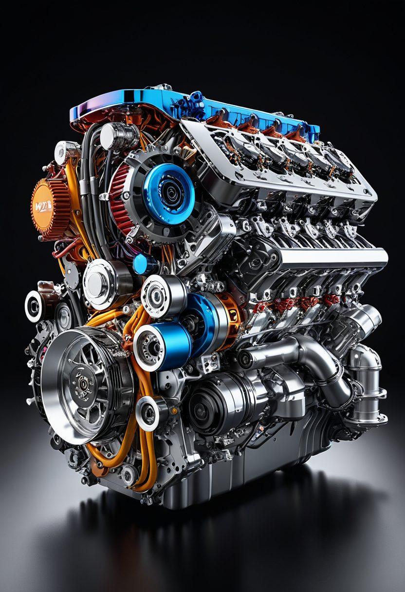 A striking V12 engine in the foreground, its chrome and steel parts glistening under a spotlight. Behind it, a digital landscape composed of vibrant storytelling elements, like books transforming into digital graphics and characters coming to life, symbolizing creativity and innovation. Streams of colorful data and text flow from the engine, showcasing the power of storytelling. The background should be dynamic, blending technology with narrative themes. super-realistic. vibrant colors. high contrast.