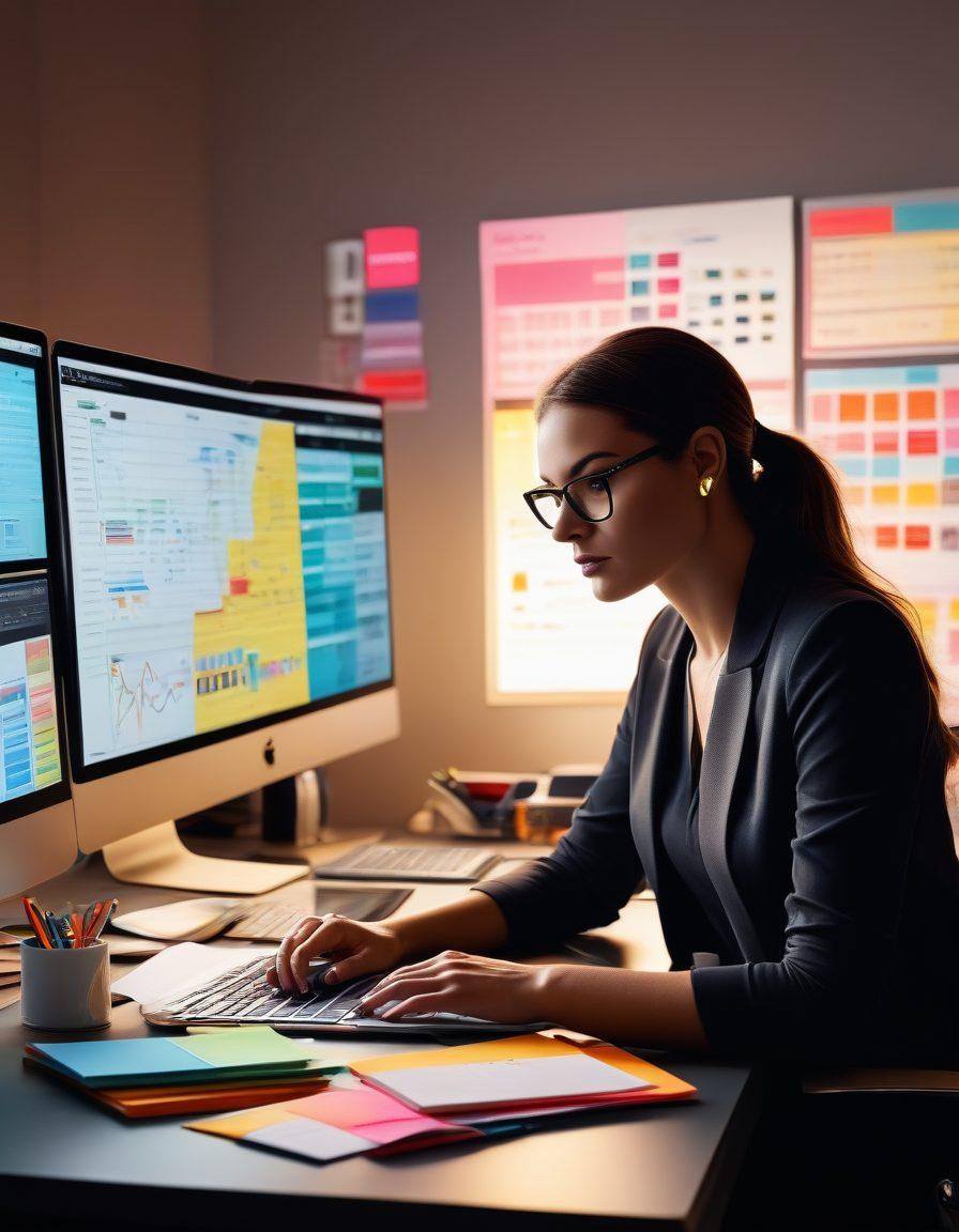 A dynamic scene depicting a blogger at a sleek, modern workspace filled with high-tech gadgets and a vibrant mood board showcasing creative ideas. In the foreground, a glowing ‘V12 Performance’ emblem stands out, symbolizing powerful engagement. Surrounding elements include colorful post-it notes, digital devices, and charts representing growth in readership. The atmosphere should feel energetic and motivating, encouraging viewers to unlock their blogging potential. super-realistic. vibrant colors. modern design.
